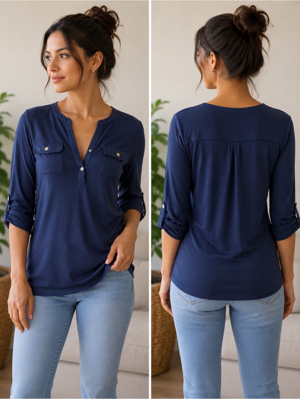 Ralph Lauren Navy Henley Pocket Long-Sleeve Top